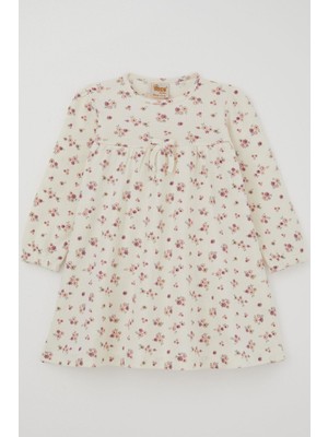 Deco Kız Çocuk Uzun Kollu Elbise Çiçek Desenli Fiyonk Aksesuarlı 2-5 Yaş, Ekru