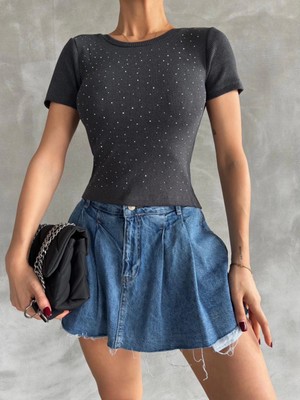 Femina Trendy Önü Taşlı Antrasit Bluz S3512