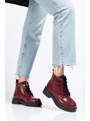 Zerenyus ZRİN-B-2001 Premium Bordo Kırışık Rugan Bağcıklı Fermuarlı Kışlık Kadın Bot