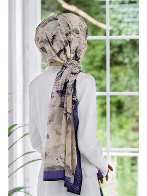 Vissona Lüks Medine Ipeği Ekoseli Sonbahar Desenli Indigo Renkli 75X195 Kırışmaz Şal Moss Krep Dikiş Tipi Italyan Dikişli