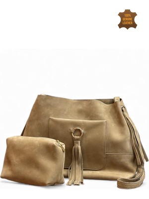 MaVaux Marilla %100 Hakiki Nubuk Salaş, Yumuşak Deri Püsküllü Şık Tasarım Yavrulu Omuz ve Çapraz Çanta