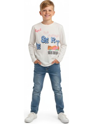 Fancy Kids Antalya Erkek Çocuk Baskılı Bej Sweatshirt Uzun Kollu %100 Pamuk