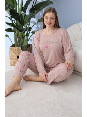 Meri Kadın Kahverengi Büyük Beden Uzun Kollu Düğme Yaka Battal Bambu Kadın Pijama Takımı M959