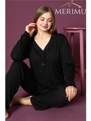 Kadın Büyük Beden Lacivert Uzun Kollu V Yaka ve Dantelli Bambu Pijama Takımı Merimu