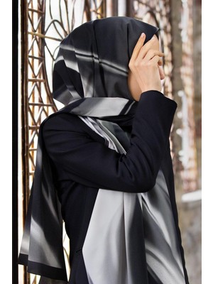 Vissona Lüks Medine Ipeği Dalga Desenli Gri - Siyah Renkli 75X195 Kırışmaz Eşarp Moss Krep Dikiş Tipi Italyan Dikişli