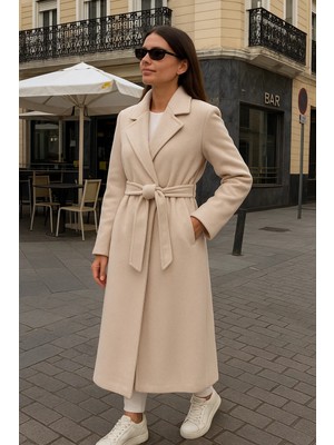 Comstar Kadın Comfort Kruvaze Trend Krem Uzun Kaşe Kaban