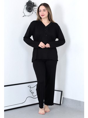 Meri Kadın Siyah Bambu Pamuk V Yaka Kadın Pijama Takımı P4327
