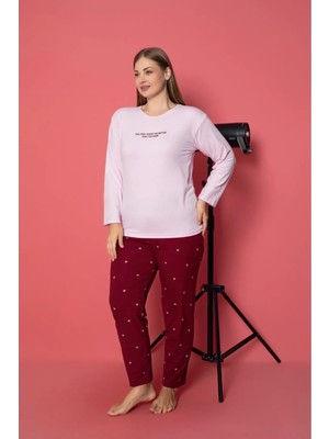 Meri Kadın Pembe Büyük Beden Uzun Kollu Yuvarlak Yakalı Pamuklu Milan Kumaş Battal Pijama Takımı