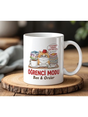 BB Design Öğrenci Modu Kedi Tasarımlı Kupa Bardak 330 ml Seramik Sınav ve Ödev Temalı Komik Öğrenci Hediyesi
