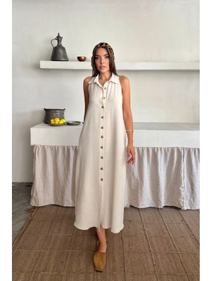 Bosel Keten Önden Düğmeli Kolsuz Gömlek Yaka Elbise - Beyaz