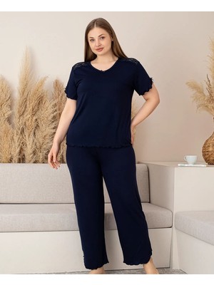 Meri Kadın Lacivert Kısa Kol V Yaka Büyük Beden Battal Bambu Pijama Takımı