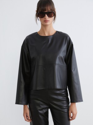 Soulife Bisiklet Yaka Deri Görünümlü Bluz