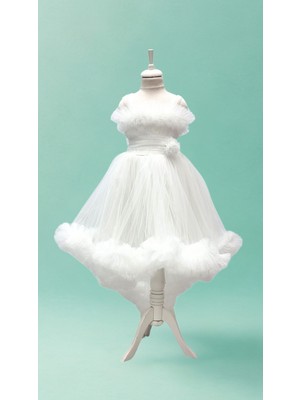 Kız Çocuk Prenses Kuyruklu Hayal Tüllü Beyaz Abiye Elbise – Özel Tasarım – Düğün & Doğum Günü & Balo
