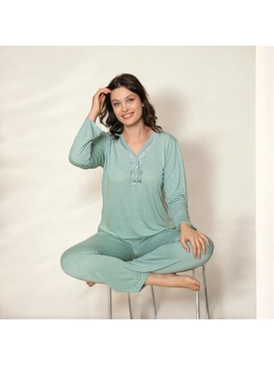 Meri Kadın Yeşil Uzun Kollu V Yakalı Puantiye Desenli Bambu Pamuk Pijama Takımı