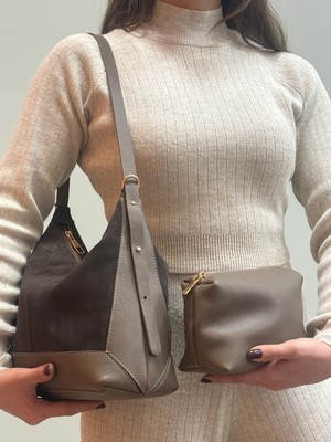 MaVaux Moka %100 Hakiki Deri Şık Detaylı Omuz Çantası