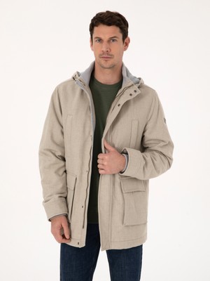Cacharel Bej Yün Karışımlı Kapüşonlu Flanel Kaşe Mont 50311425 VR011