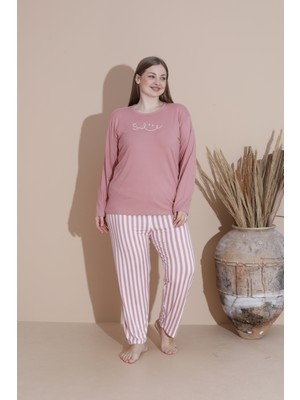 Meri Kadın Bej Büyük Beden Uzun Kollu Yuvarlak Yakalı Pamuklu Milan Kumaş Battal Pijama Takımı