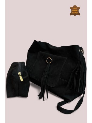 MaVaux Marilla %100 Hakiki Nubuk Salaş, Yumuşak Deri Püsküllü Şık Tasarım Yavrulu Omuz ve Çapraz Çanta