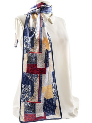 I71 Modabutik Şal Desenli Mavi Kırmızı Fular