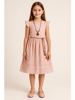 Belirtilmemiş Açık Pudra Renk Çift Astarlı Premium Brode Elbise – Kolye & Kemer Detaylı Ultra Şık Tasarım