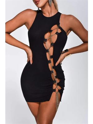 Çamaşır Kenti Bayan Zincirli Siyah Mini Elbise