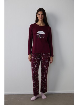 Penti Bordo Flower Showers Pantolon Pijama Takımı