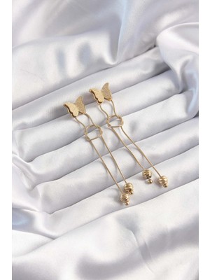 Evrenial 316L Çelik Altın Renk Sallantılı Düğüm Model Kelebek Küpe