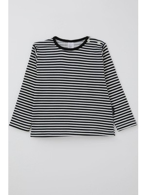 Breeze Uzun Kollu Tişört Patlı Erkek Bebek İçin Siyah Çizgili Kaşkorse Malzemeden Günlük Stil