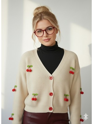 Ribana Classic Kadın V Yaka Pinterest Kiraz Aksesuarlı Örme Triko Hırka