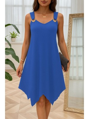 Buğrahayalin Kadın Askılı Yuvarlak Yaka Kuş Gözü Detaylı Asimetrik Viskon Elbise