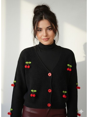 Ribana Classic Kadın V Yaka Pinterest Kiraz Aksesuarlı Örme Triko Hırka