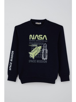 Alg Erkek Çocuk Sweatshirt Uzay Mekiği Nakışlı 6-9 Yaş, Lacivert