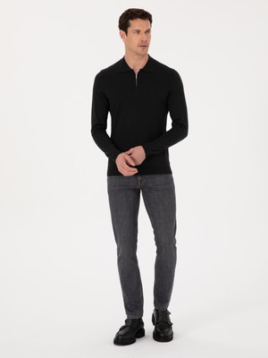 Cacharel Siyah Regular Fit Yün Karışımlı Fermuarlı Polo Yaka Basic Triko Kazak 50318901 VR046