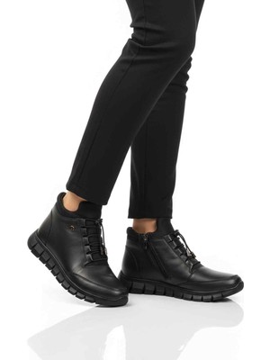 Ayakmod Siyah Hakiki Deri Içi Polarlı Kaymaz Fermuarlı Kadın Bot 3615 Z