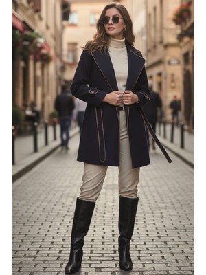Barbora Özel Tasarım Kaşe Kadın Şık Yaka Kaban ve Kemer