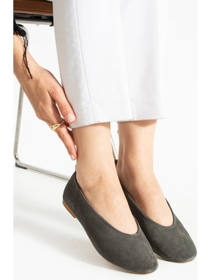 Stato - Gri Hakiki Süet Deri Kadın Babet Ayakkabı