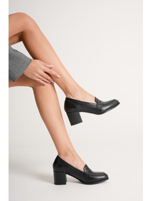 Analin Shoes Kadın Hakiki Deri Kalın Topuklu Klasik Ayakkabı - Siyah