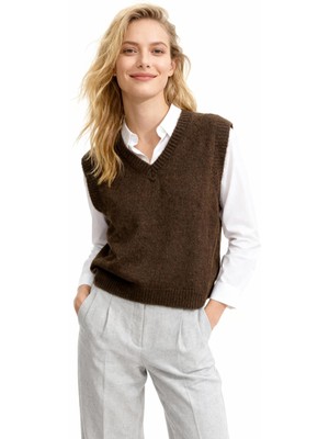 Rays Acı Kahve V Yaka Örme Sıfır Kol Kadın Süveter 2292