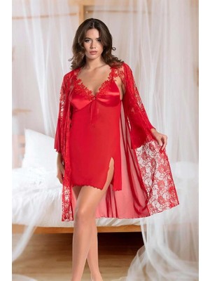 MOTTO10 Butik Transparan Dantel Işlemeli Tül Yırtmaçlı 2'li Kırmızı Gecelik Takımı