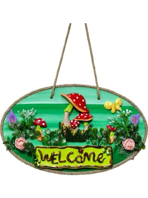 Mixperi Cıvıl Cıvıl Kapı Girişi Dekoru: Yeşil, Mantarlı ve Çiçekli "welcome" Yazılı Ahşap Süs