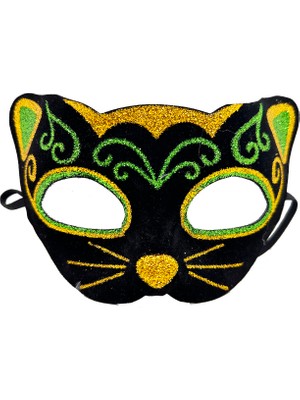 Neva Prime Siyah Kadife Kaplama Üzeri Sarı Yeşil Sim Işlemeli Kedi Maskesi 20X13 cm (5361)