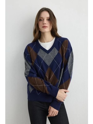 Gusto Baklava Desenli V Yaka Yün Triko - Lacivert