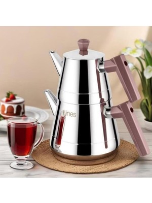 Yonca Lines L-3064 Piramit Orta Boy Çelik Çaydanlık Takımı Bakalit Bronz
