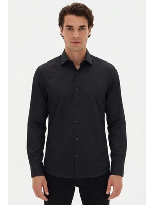 Efor Erkek Slim Fit Kravat Yaka Uzun Kol Pamuklu Siyah Gömlek GK 2025