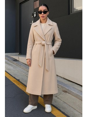 Comstar Kadın Trend Basic Uzun Kruvaze Krem Kaşe Kaban