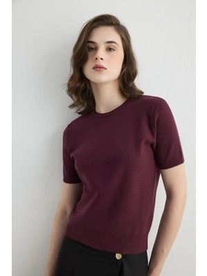 Gusto Kısa Kollu Triko Bluz - Mürdüm