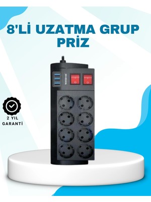 Butik Isıya Dayanıklı Termal Akım Korumalı 8'li Priz ve 3 USB Girişli Uzatma Kablosu