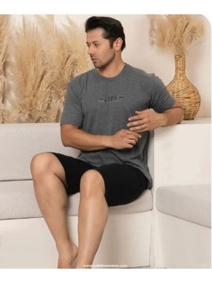 Meri Erkek Gri Yuvarlak Yaka Kısa Kol Şort Pamuklu Pijama Takımı