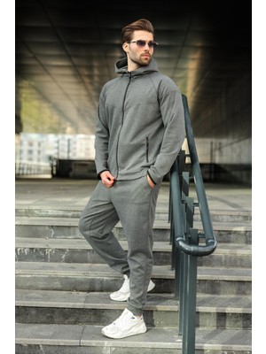 Madmext Antrasit Erkek Kapüşonlu Fermuarlı Erkek Eşofman Takımı E7343