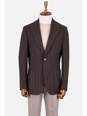 Erkek Iki Düğme Ceket Yarım Astar Çizgili Torba Cep Casual  Metal Düğme Kahverengi